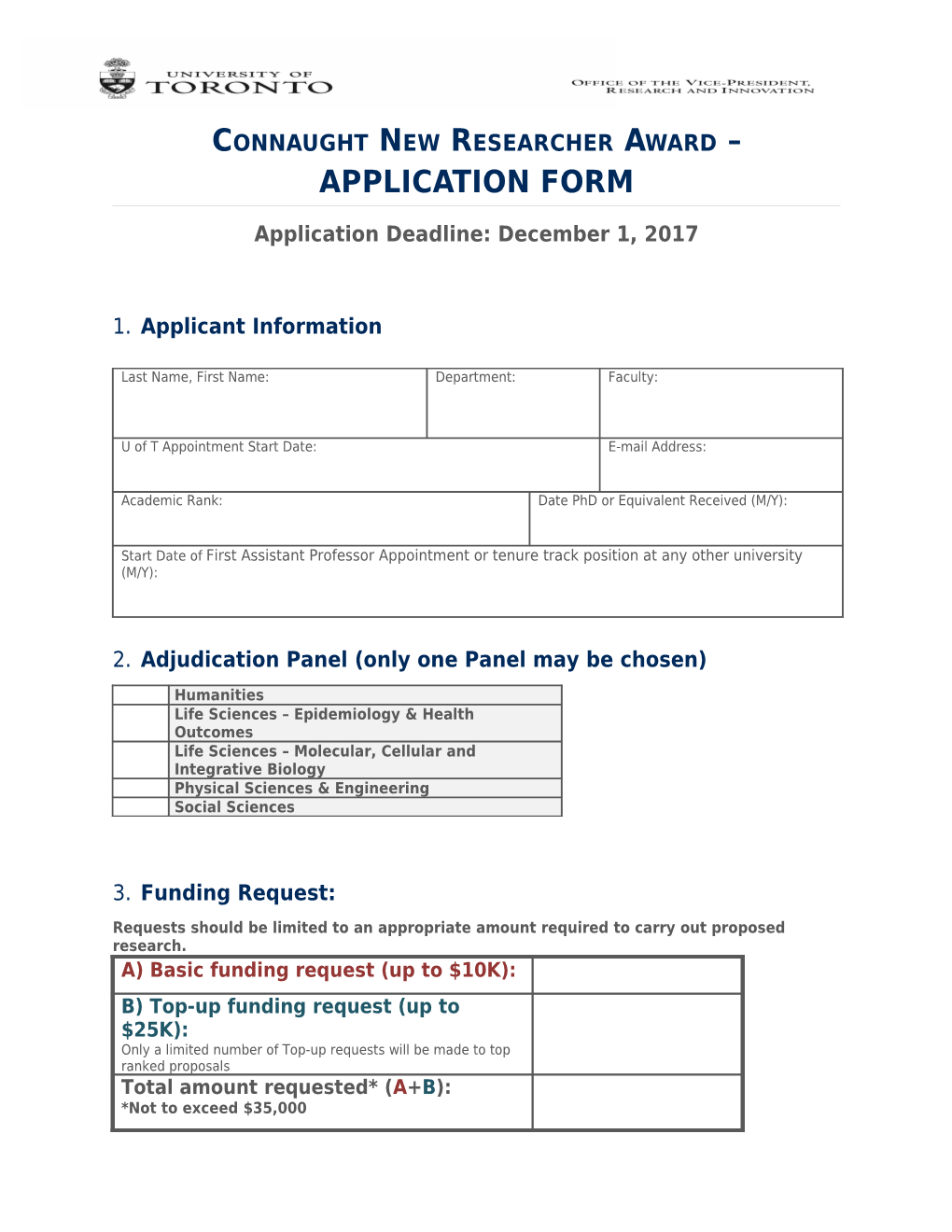 Connaught New Researcher Award Application Form