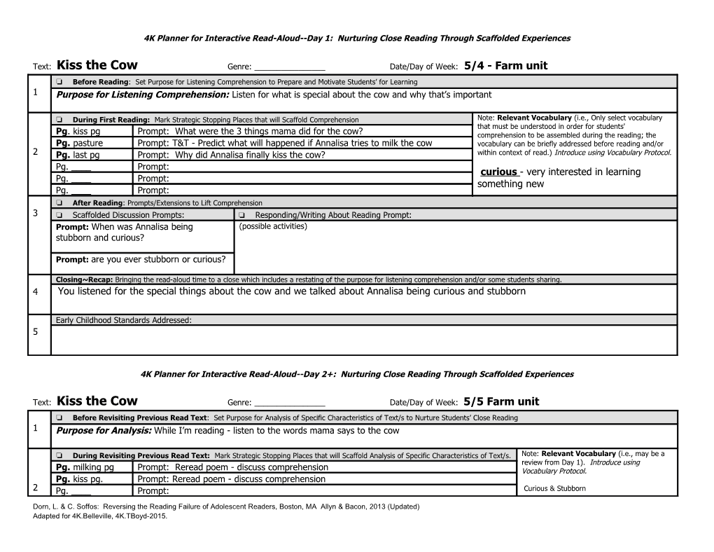 4K Planner for Interactive Read-Aloud Day 1: Nurturing Close Reading Through Scaffolded