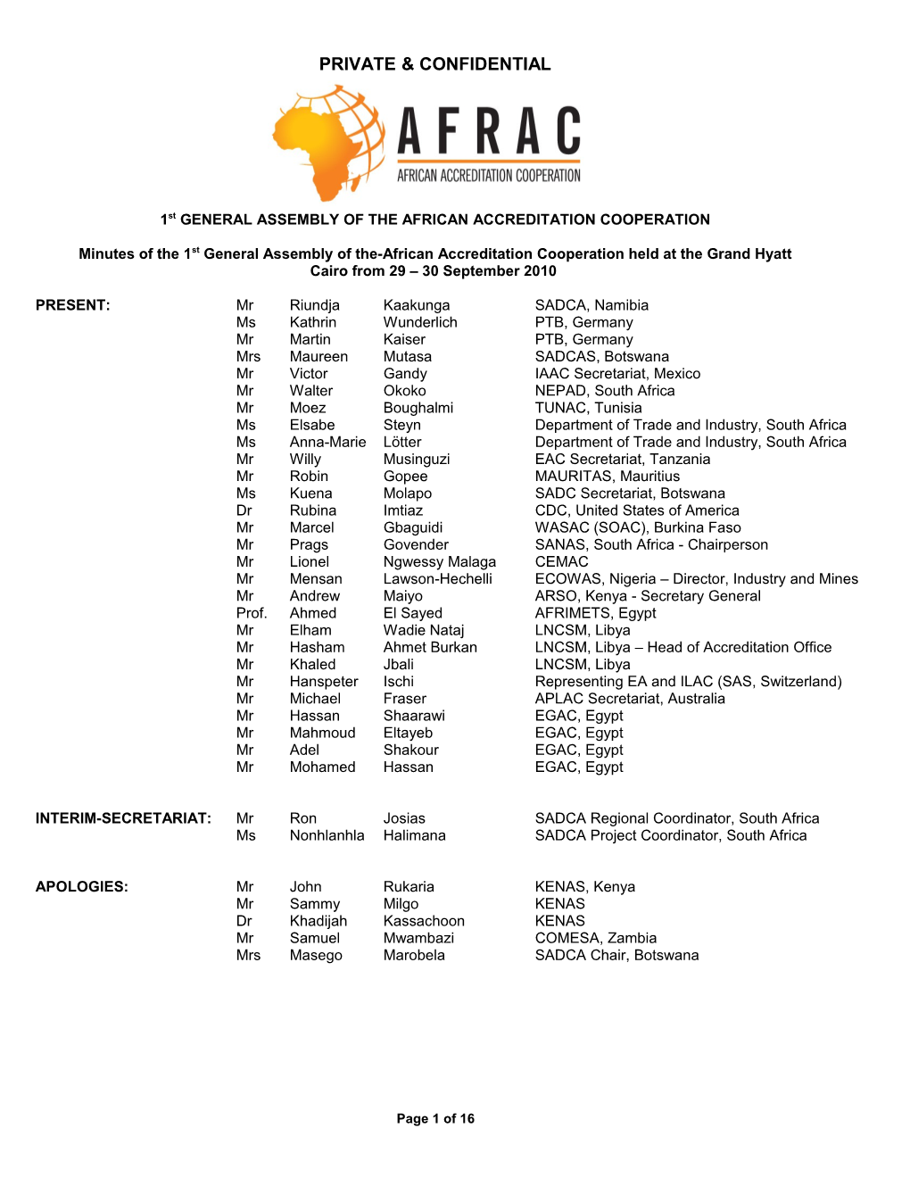 1St GENERAL ASSEMBLY of the AFRICAN ACCREDITATION COOPERATION