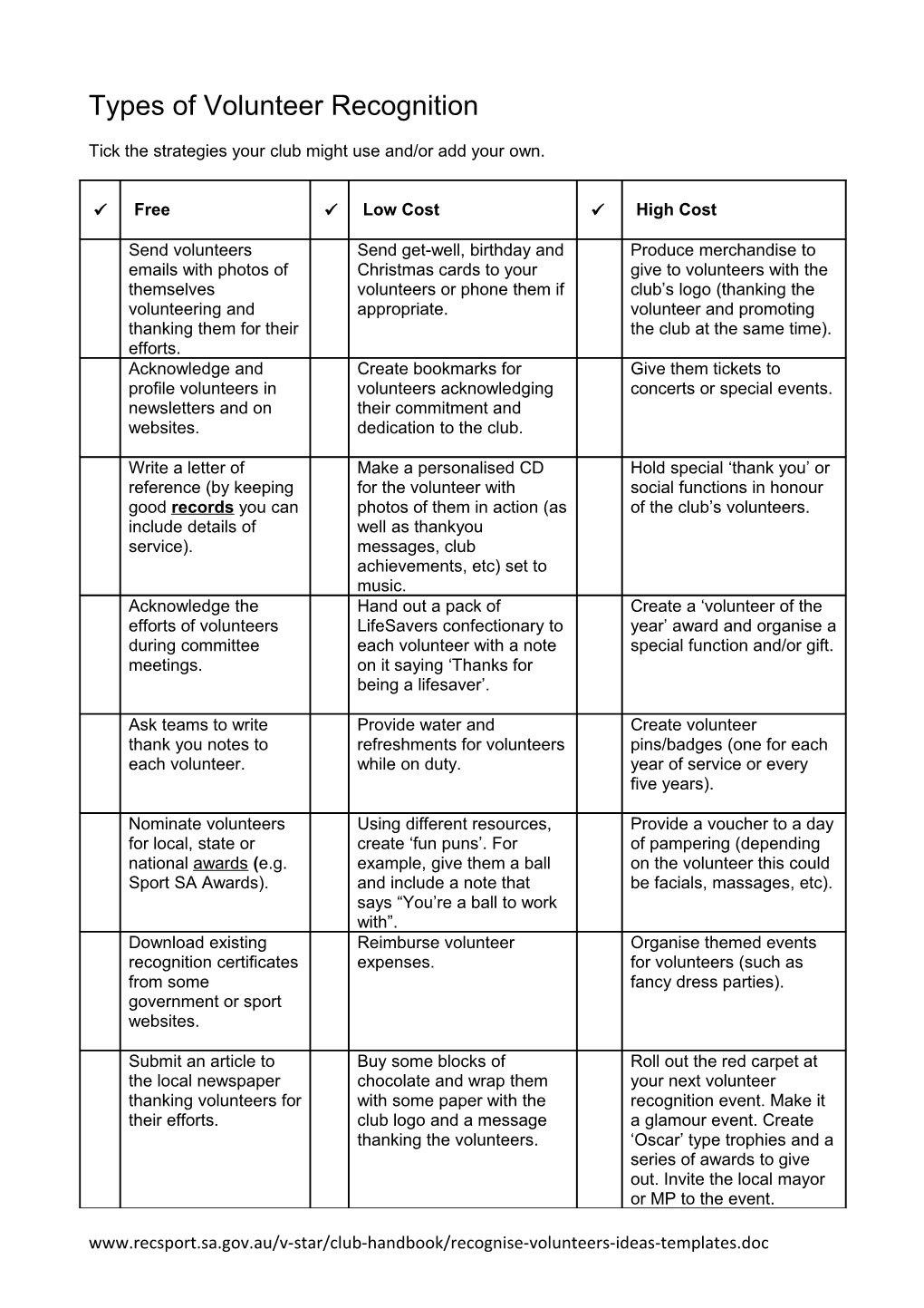 Tick the Strategies Your Club Might Use And/Or Add Your Own