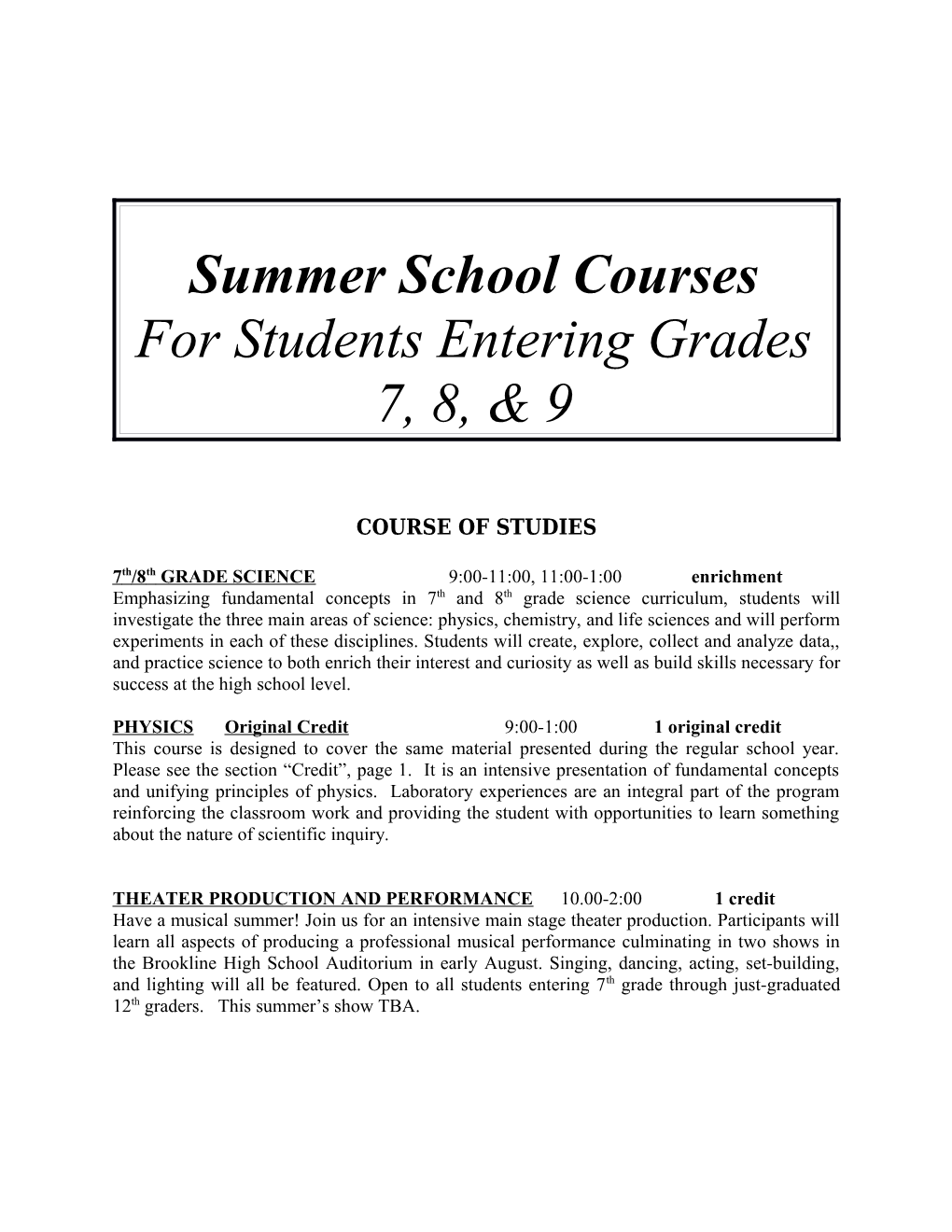 Summer School Courses