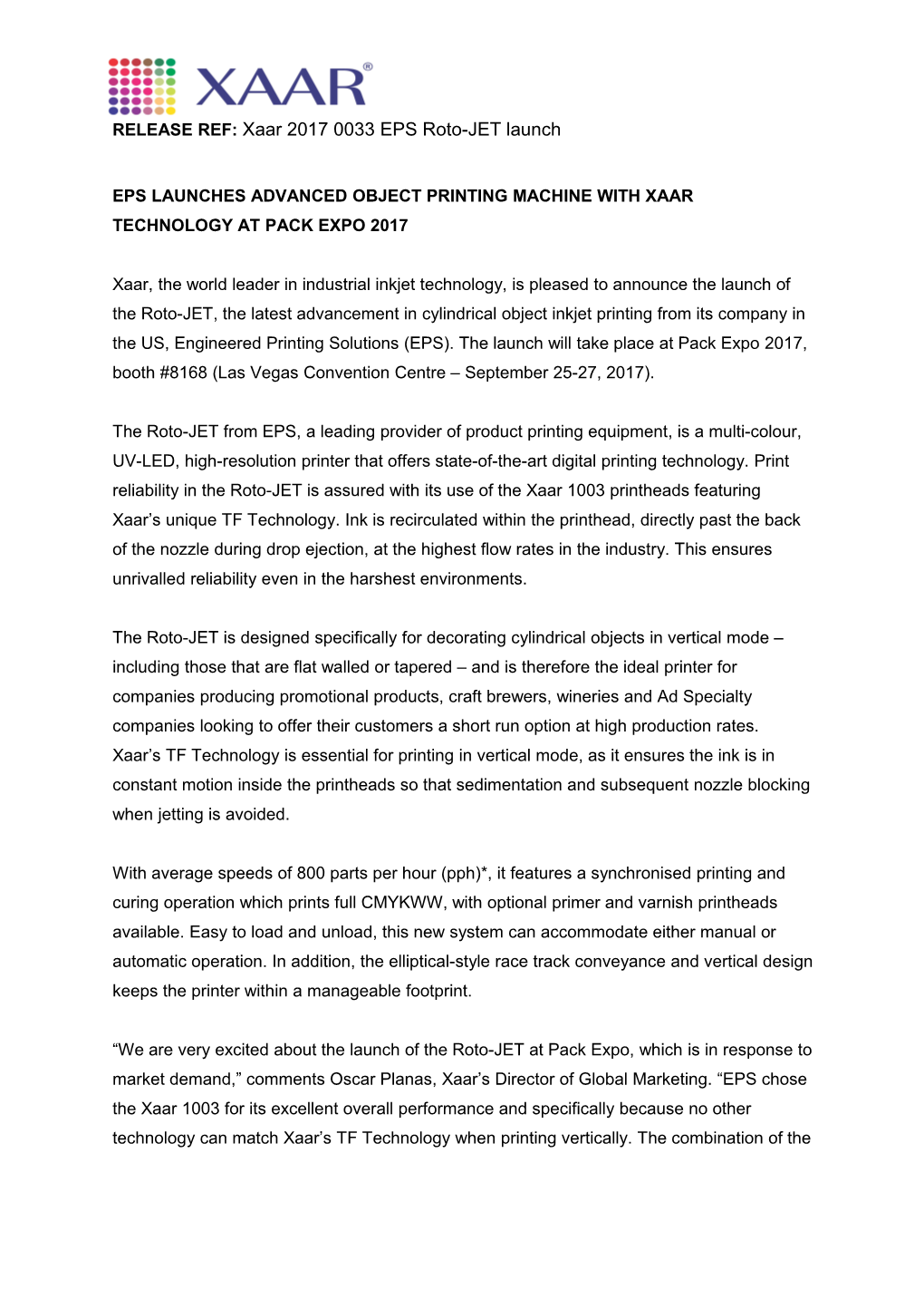 RELEASE REF:Xaar 2017 0033 EPS Roto-JET Launch