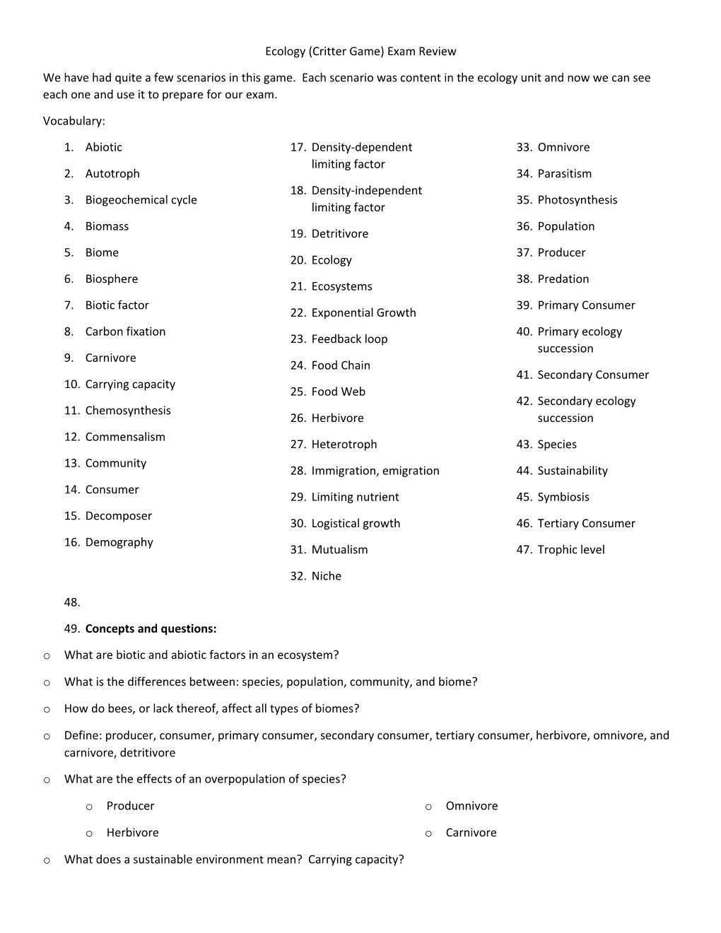 Ecology (Critter Game) Exam Review