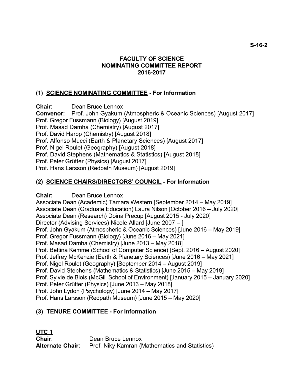 (1) SCIENCE NOMINATING COMMITTEE- for Information