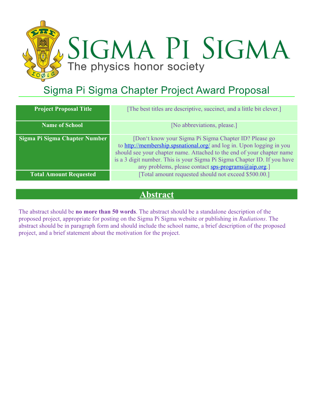 Sigma Pi Sigma Chapter Project Award Proposal