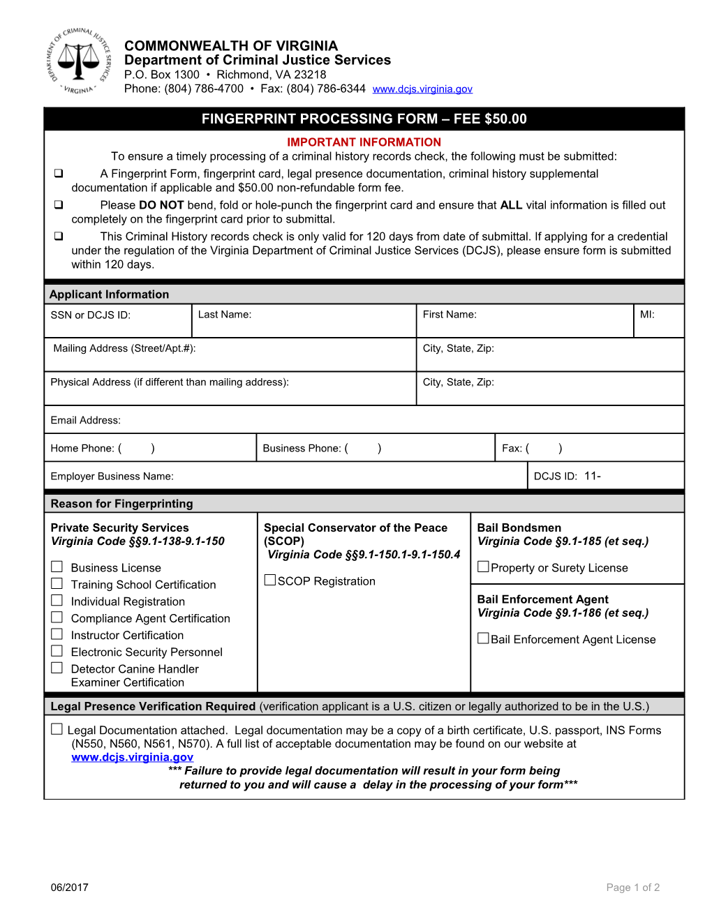 Fingerprint Processing Form Fee $50.00