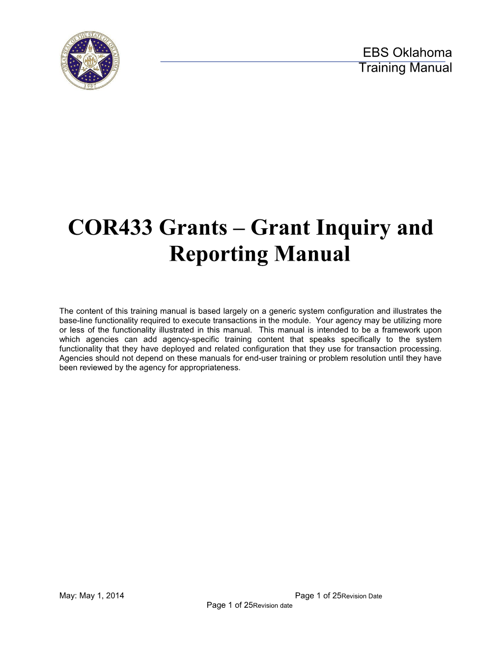 COR 433 Grants Inquiry and Reporting Manual