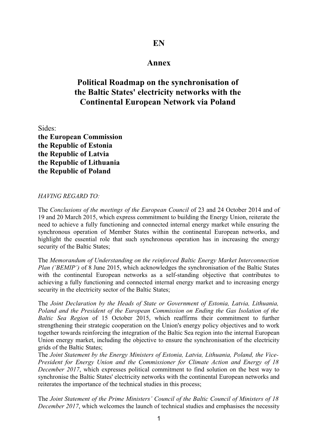 Political Roadmap on Thesynchronisation of the Baltic States' Electricity Networks With