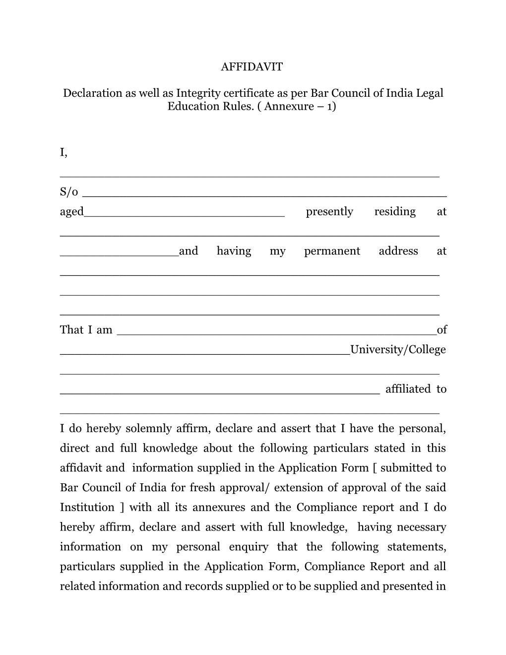Declaration As Well As Integrity Certificate As Per Bar Council of India Legal Education