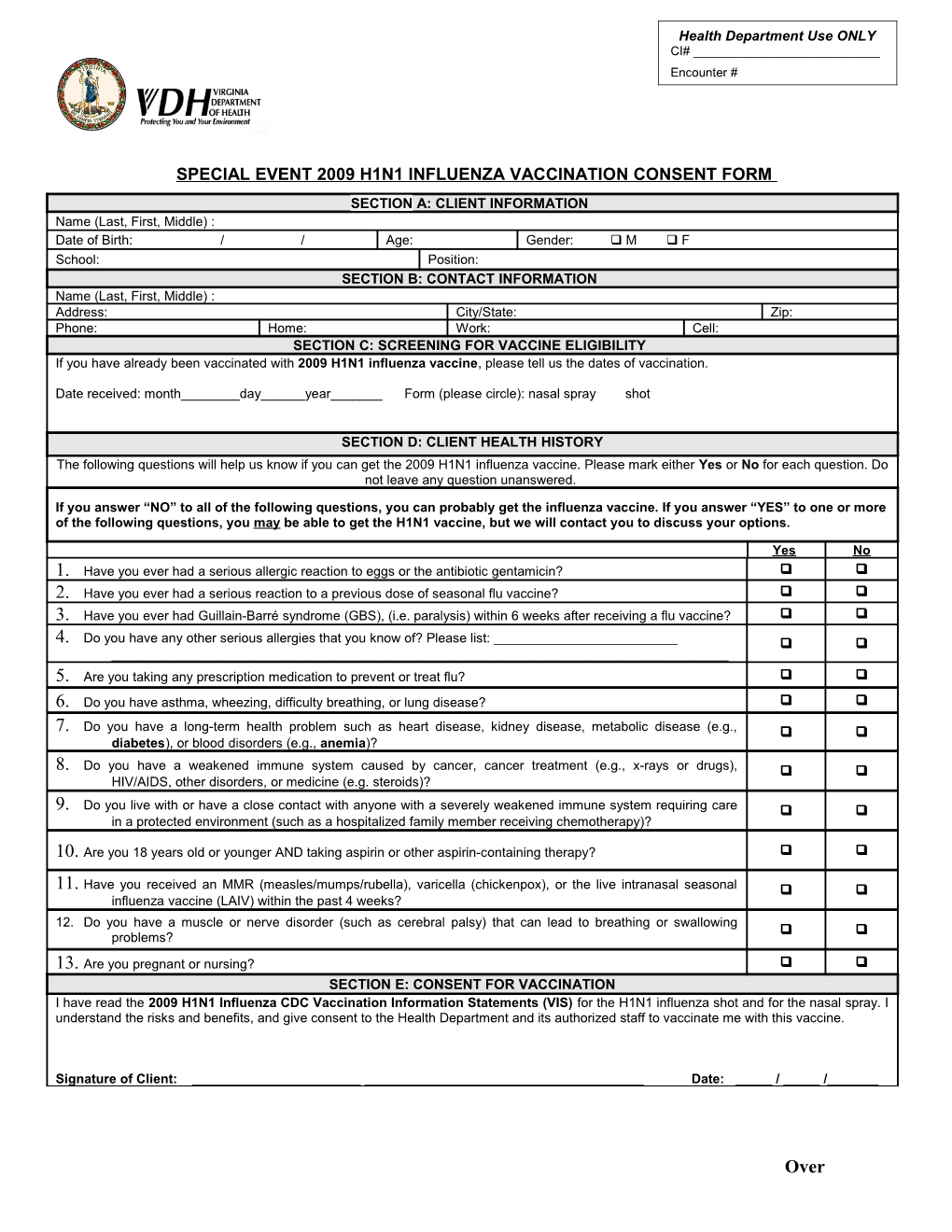 Special Event2009 H1n1influenza Vaccination Consent Form