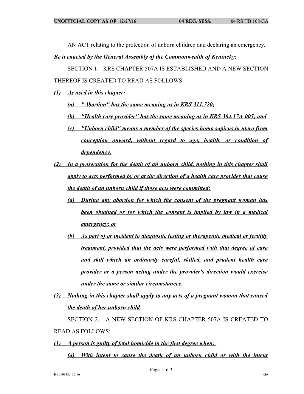 Unofficial Copy As of 01/01/1904 Reg. Sess. 04 Rs Hb 108/Ga