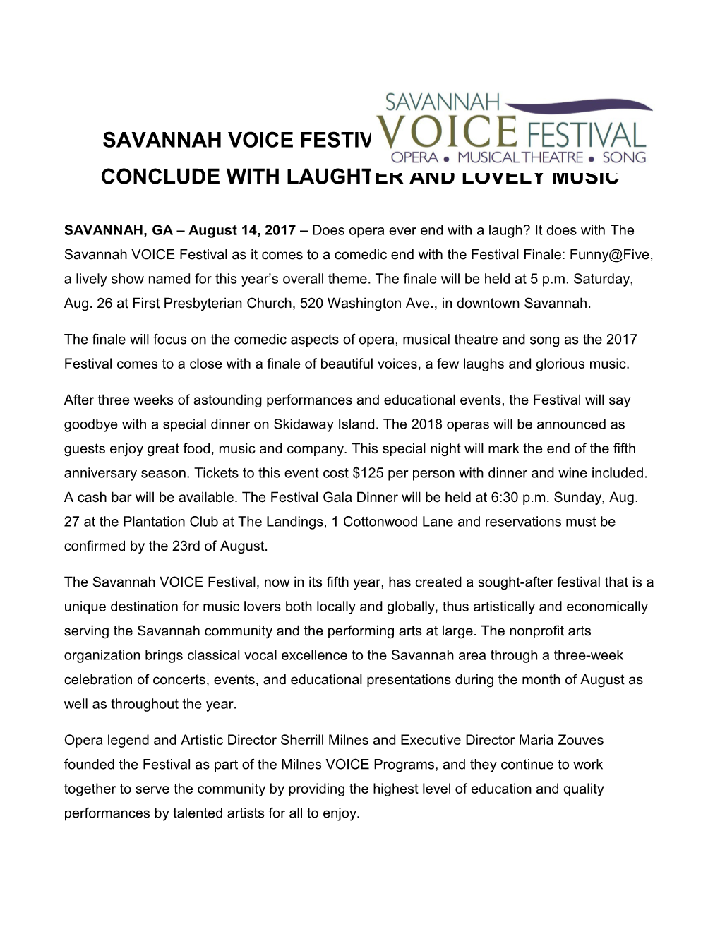 Savannah Voice Festival S Fifth Seasonto Conclude with Laughter and Lovely Music
