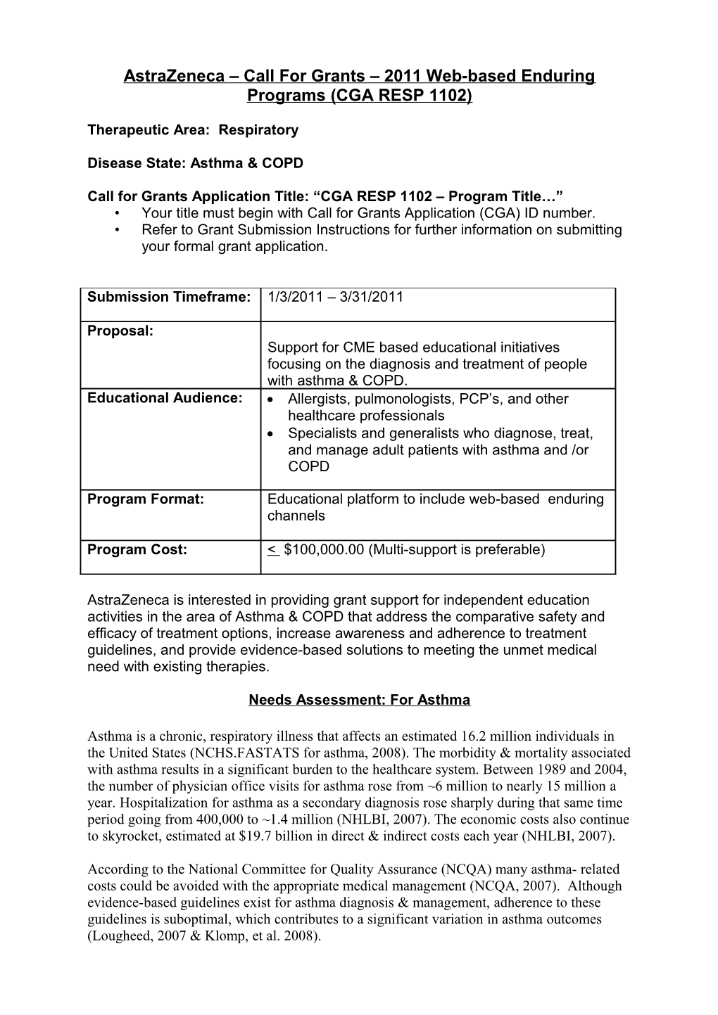 Astrazeneca Call for Grants 2011 Web-Based Enduringprograms(CGA RESP 1102)