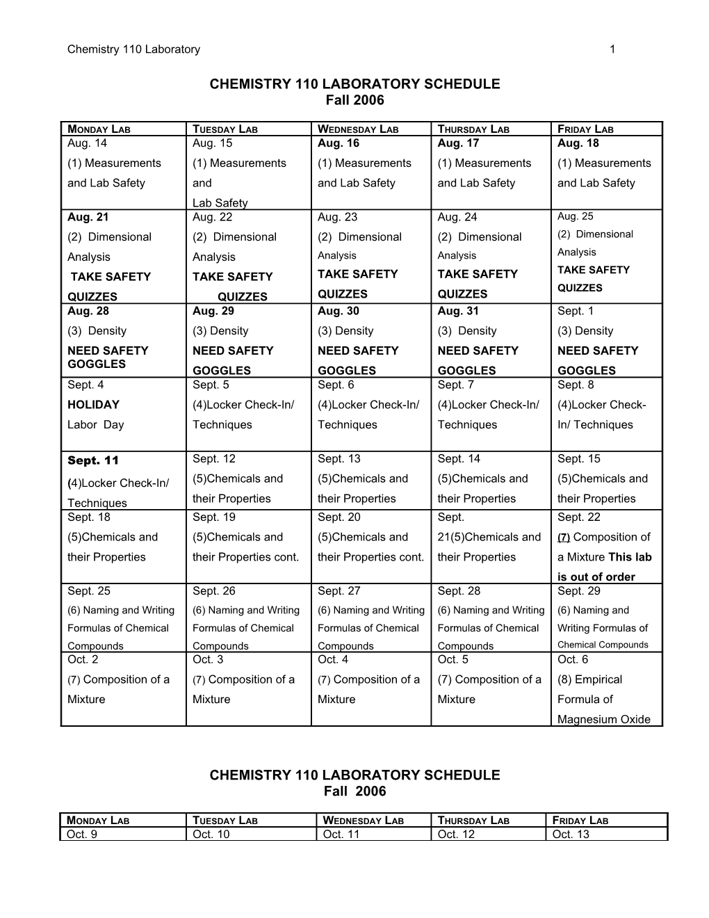 Chemistry 110 Laboratory Schedule
