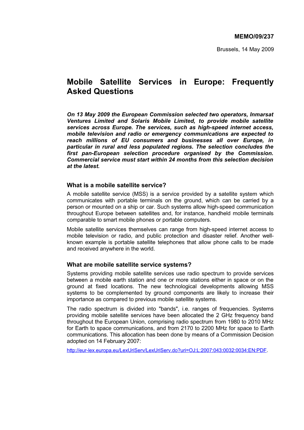 Mobile Satellite Services in Europe: Frequently Asked Questions