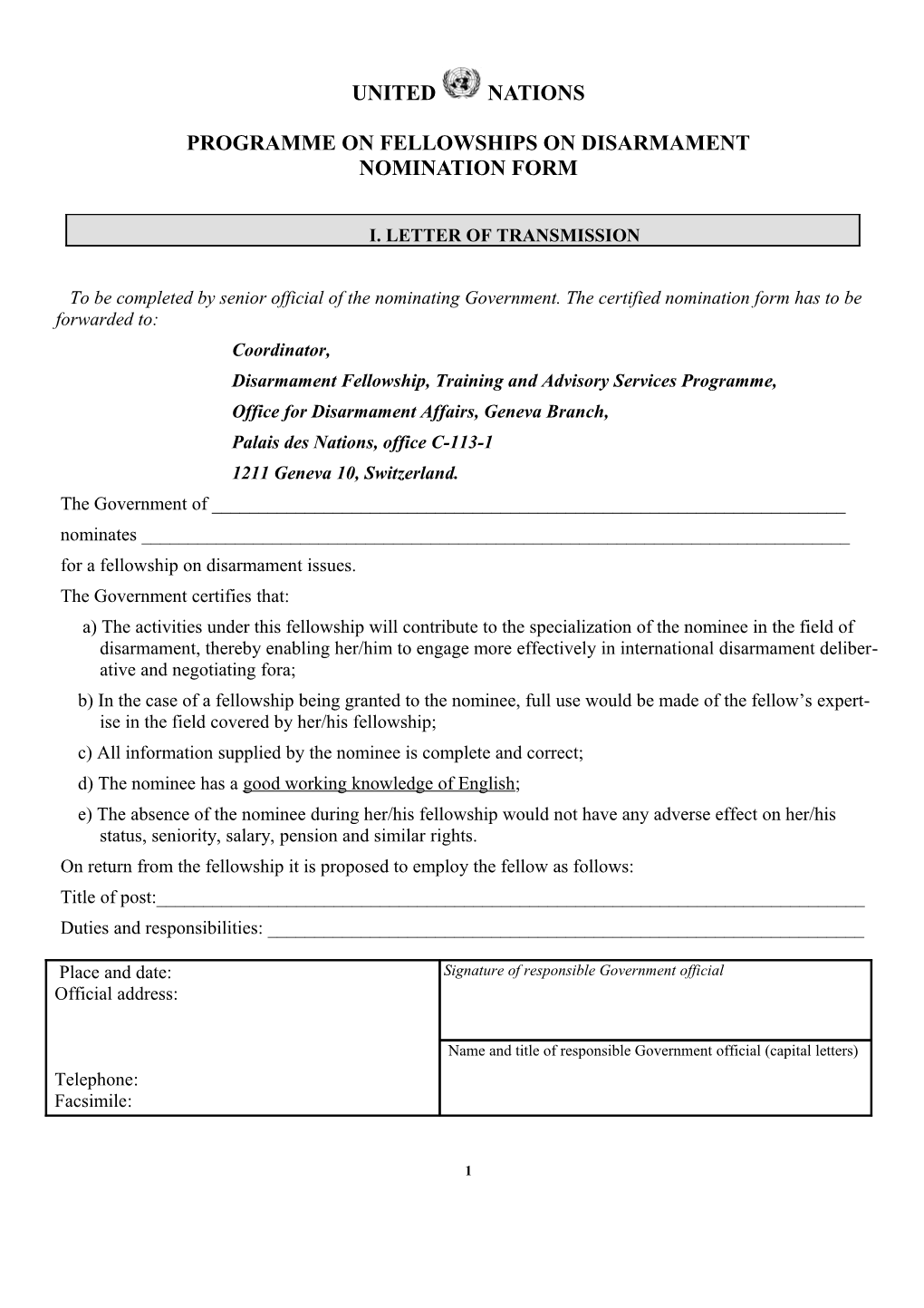 Programme on Fellowships on Disarmament