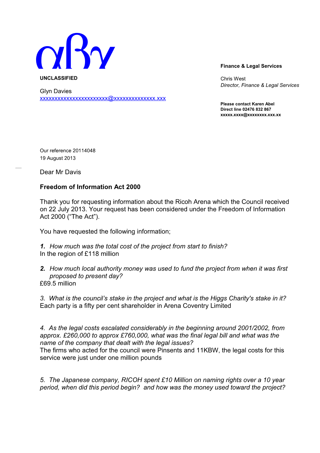 Covcc Letter To: Glyn Davies