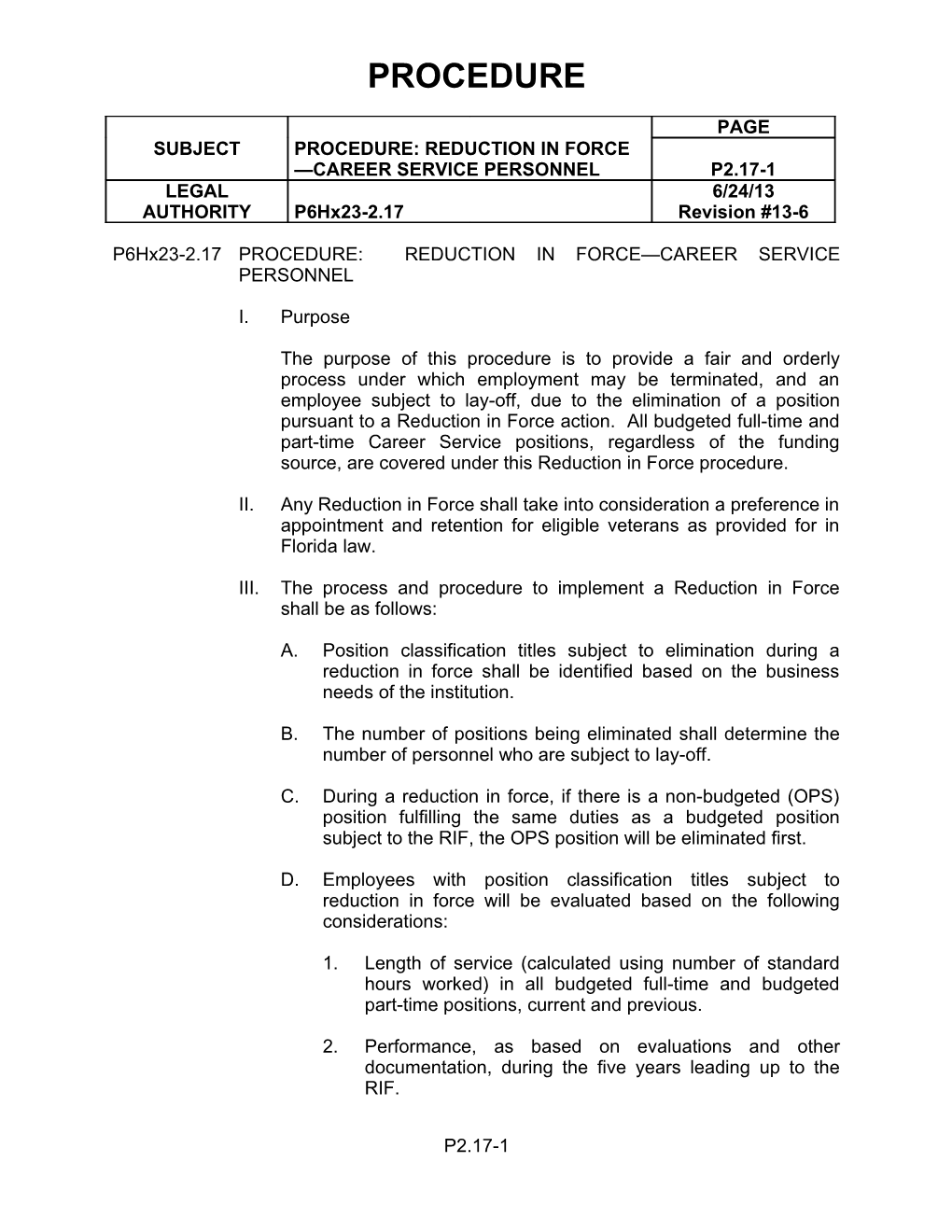 P6hx23-2.17PROCEDURE: REDUCTION in FORCE CAREER SERVICE PERSONNEL