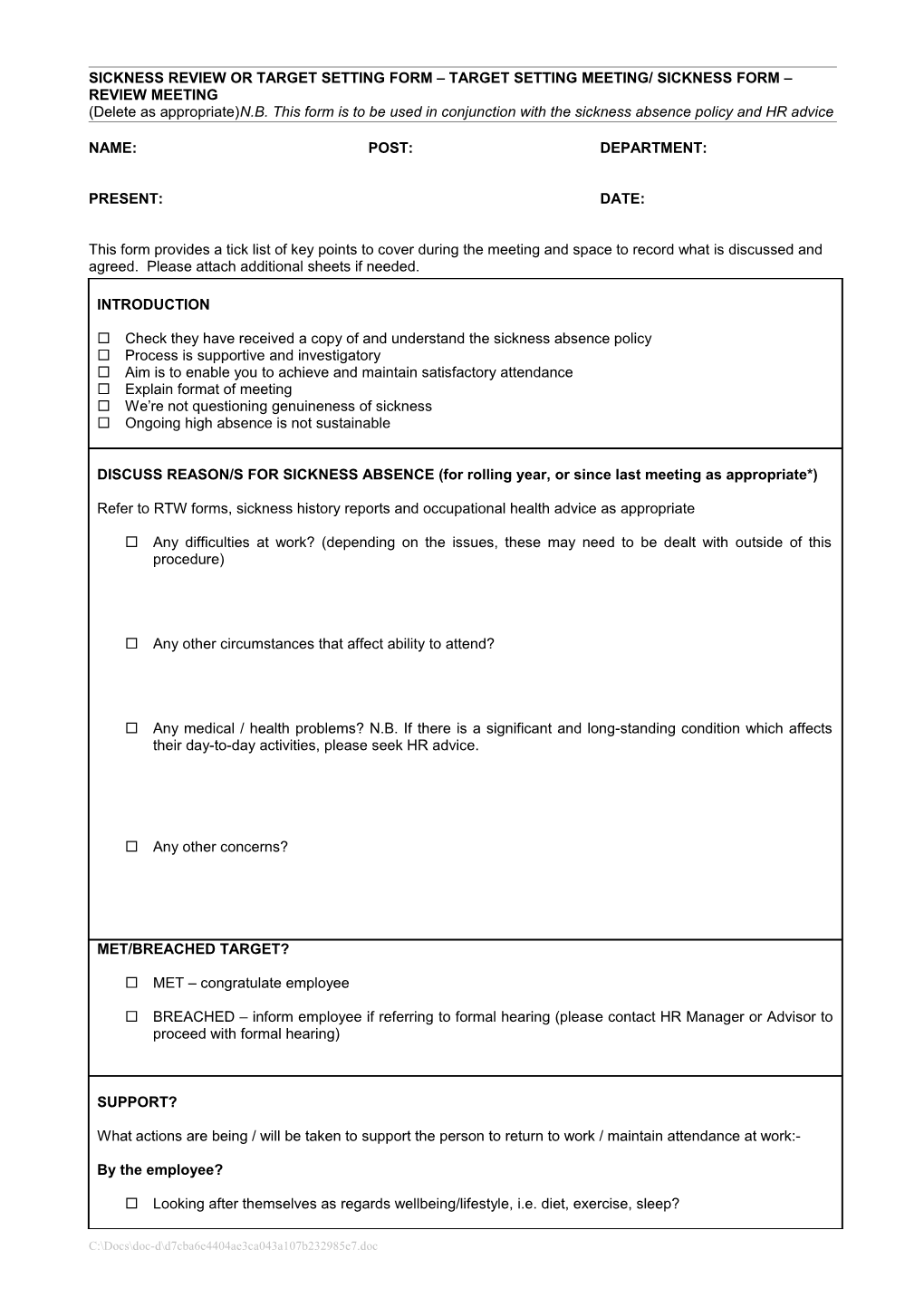 Sickness Form Target Setting / Sickness Form - Review