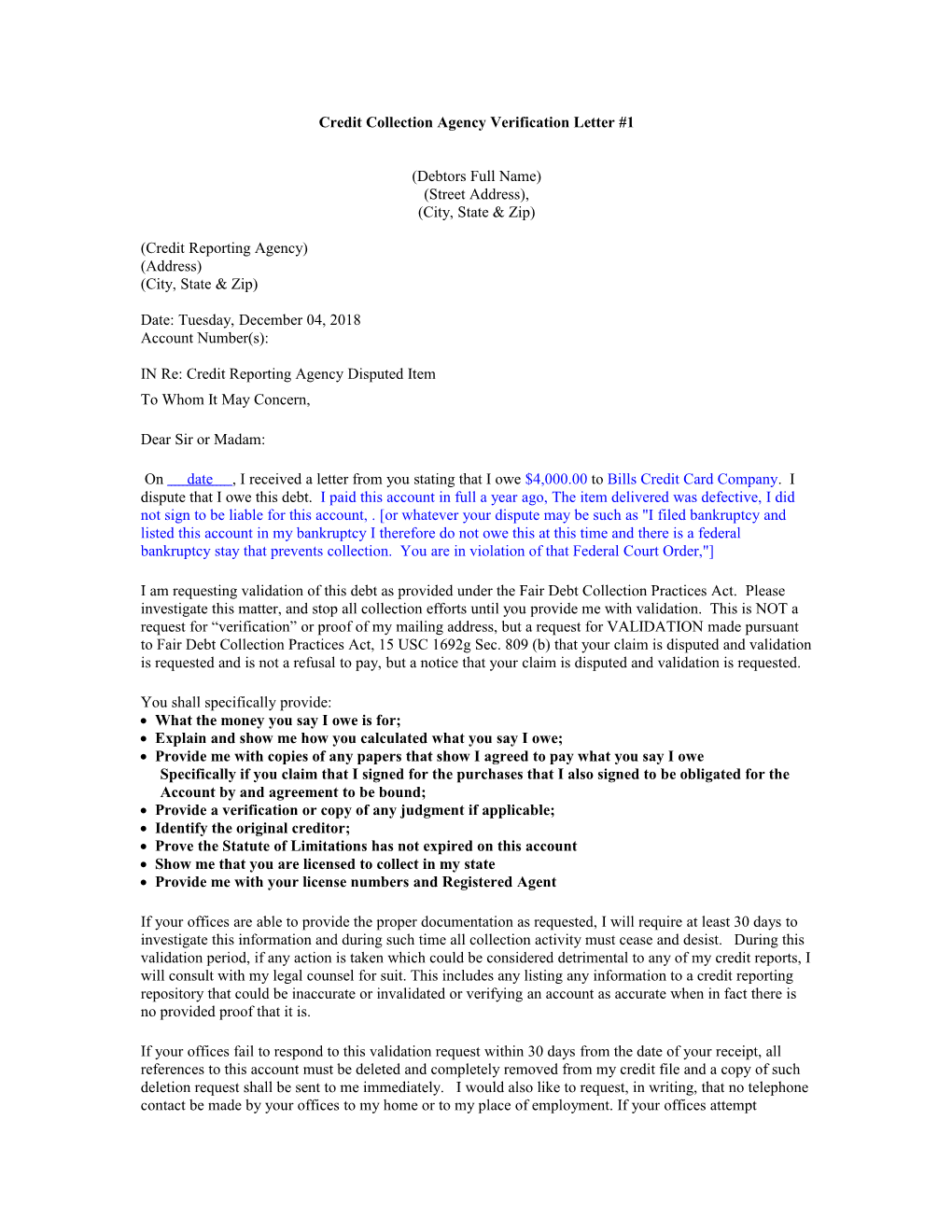 Credit Collection Agency Verification Letter #1