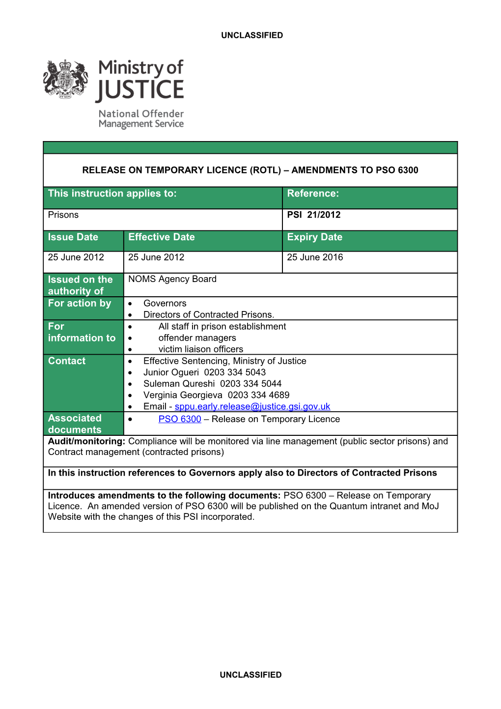 PSI 21/2012 - Release on Temporary Licence (ROTL)