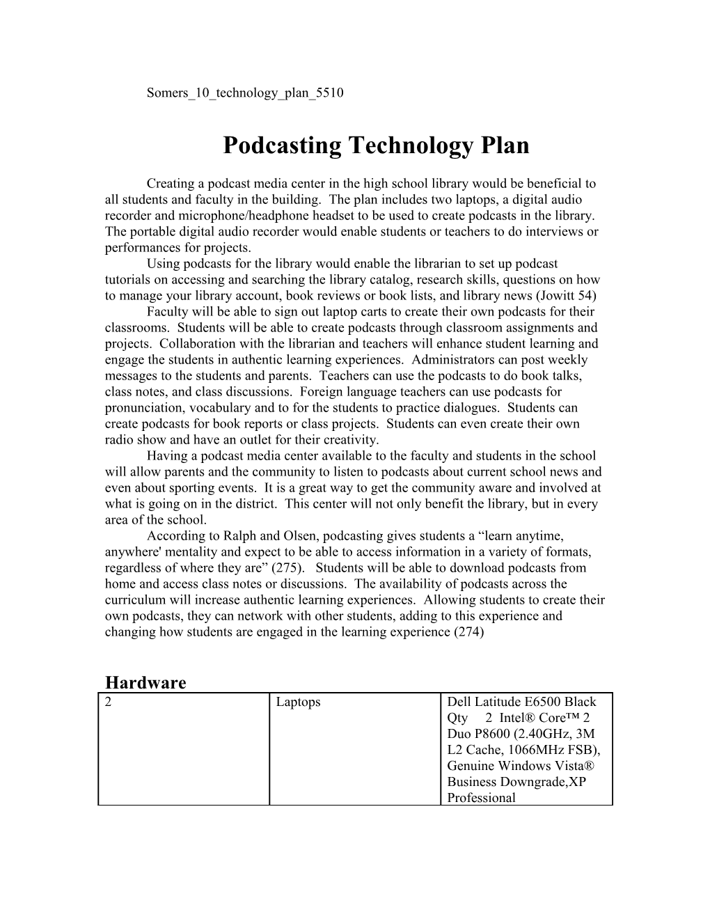Podcasting Technology Plan