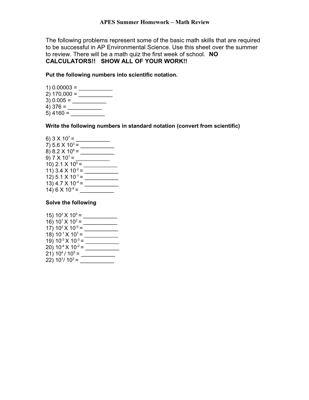 APES Summer Homework Math Review