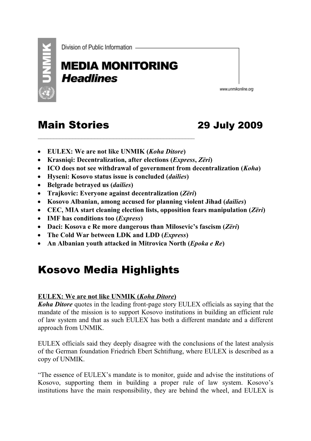 Main Stories 29July 2009