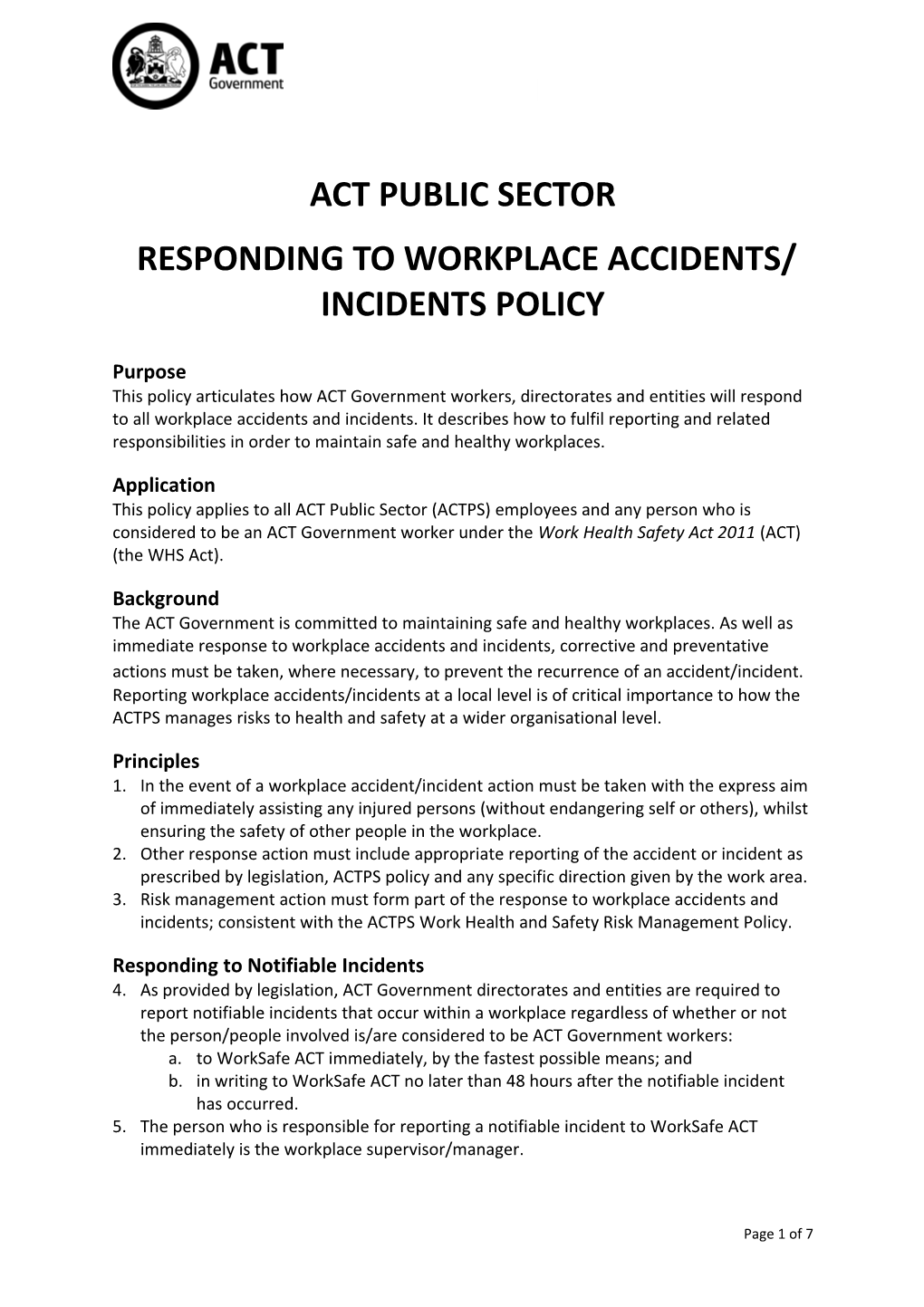 ACTPS Responding to Workplace Accidents-Incidents Policy