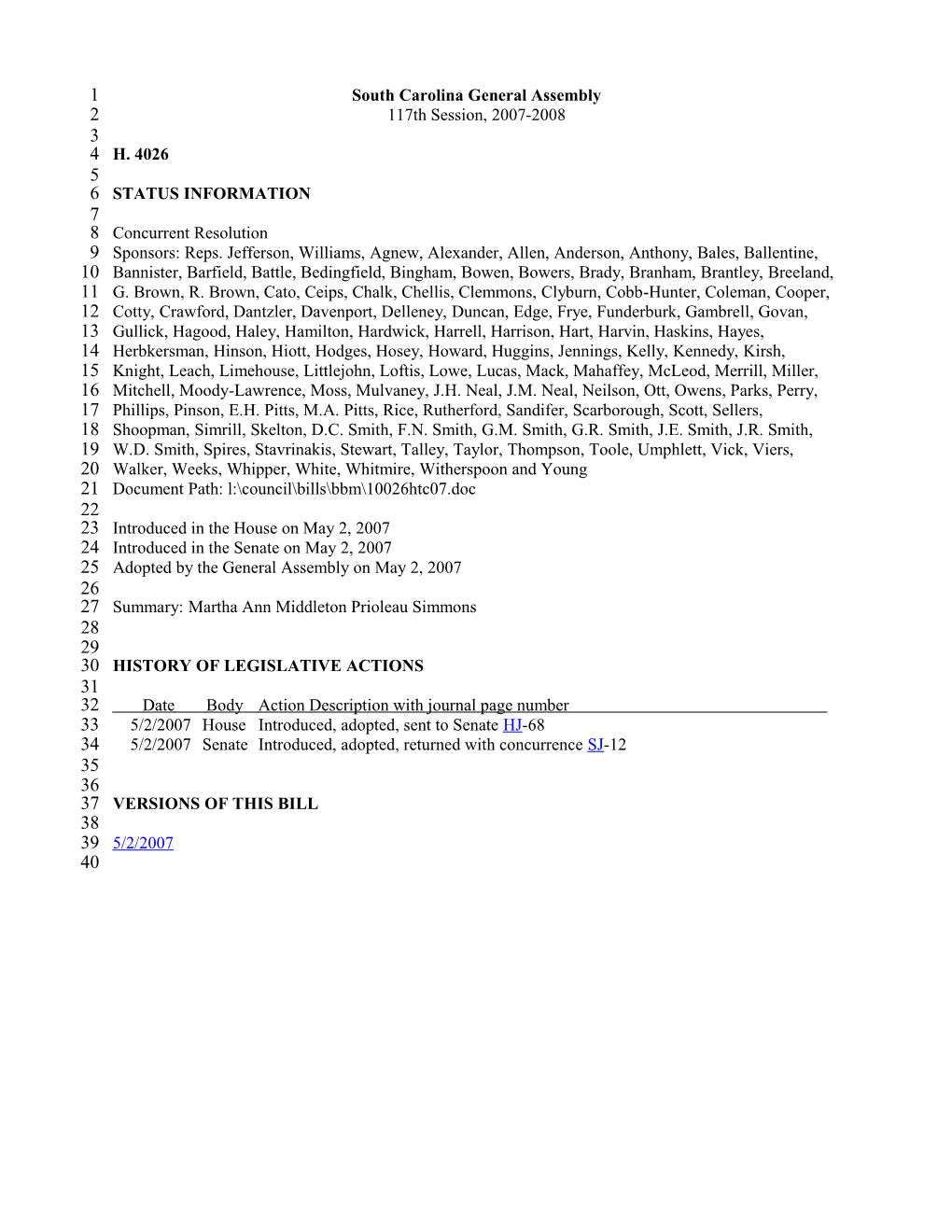 2007-2008 Bill 4026: Martha Ann Middleton Prioleau Simmons - South Carolina Legislature Online