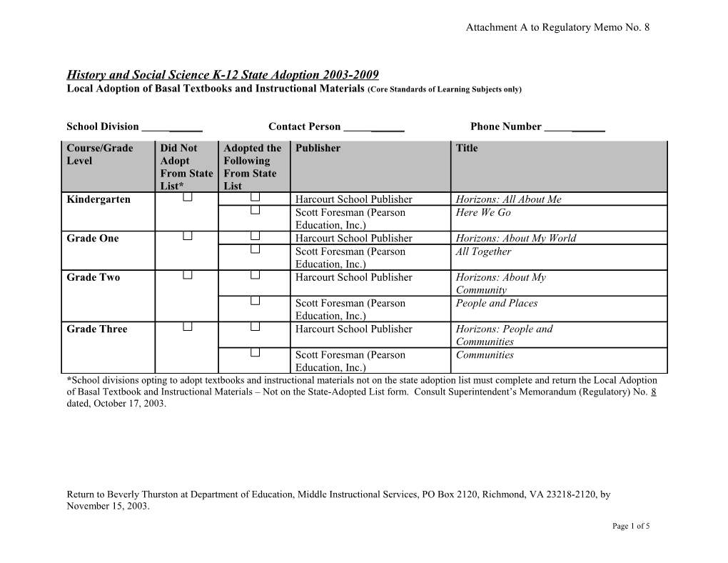 Local Adoption of Basal Textbooks and Instructional Materials