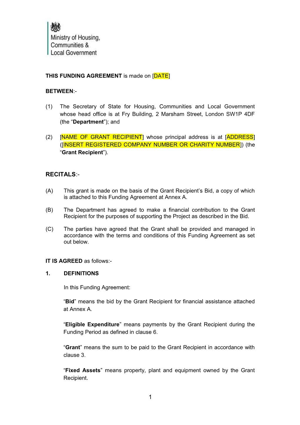 Dclg Grant Funding Agreement Template