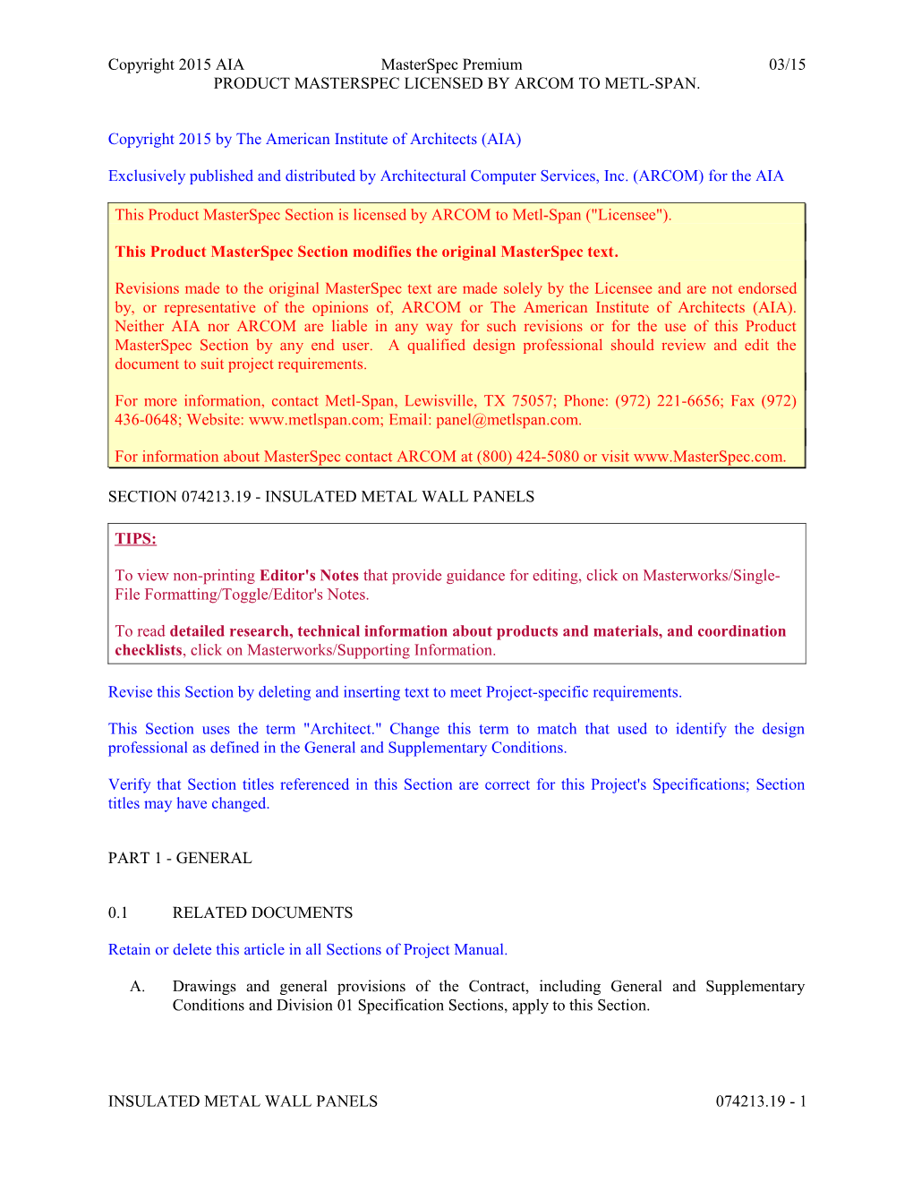 Section 074213.19 - Insulated Metal Wall Panels