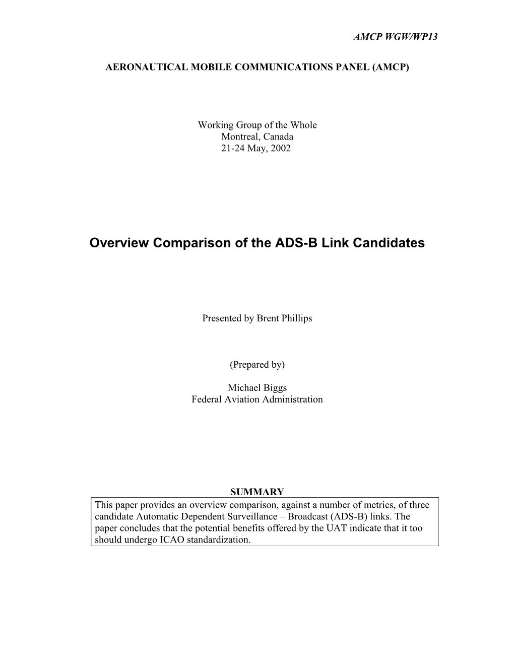 Overview Comparison of the ADS-B Link Candidates