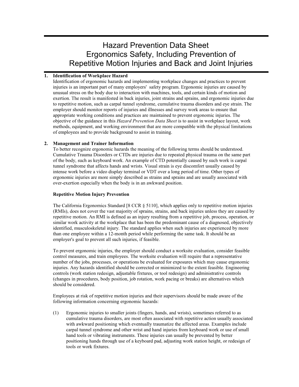 Hazard Prevention Data Sheet Ergonomics Safety, Including Prevention of Repetitive Motion