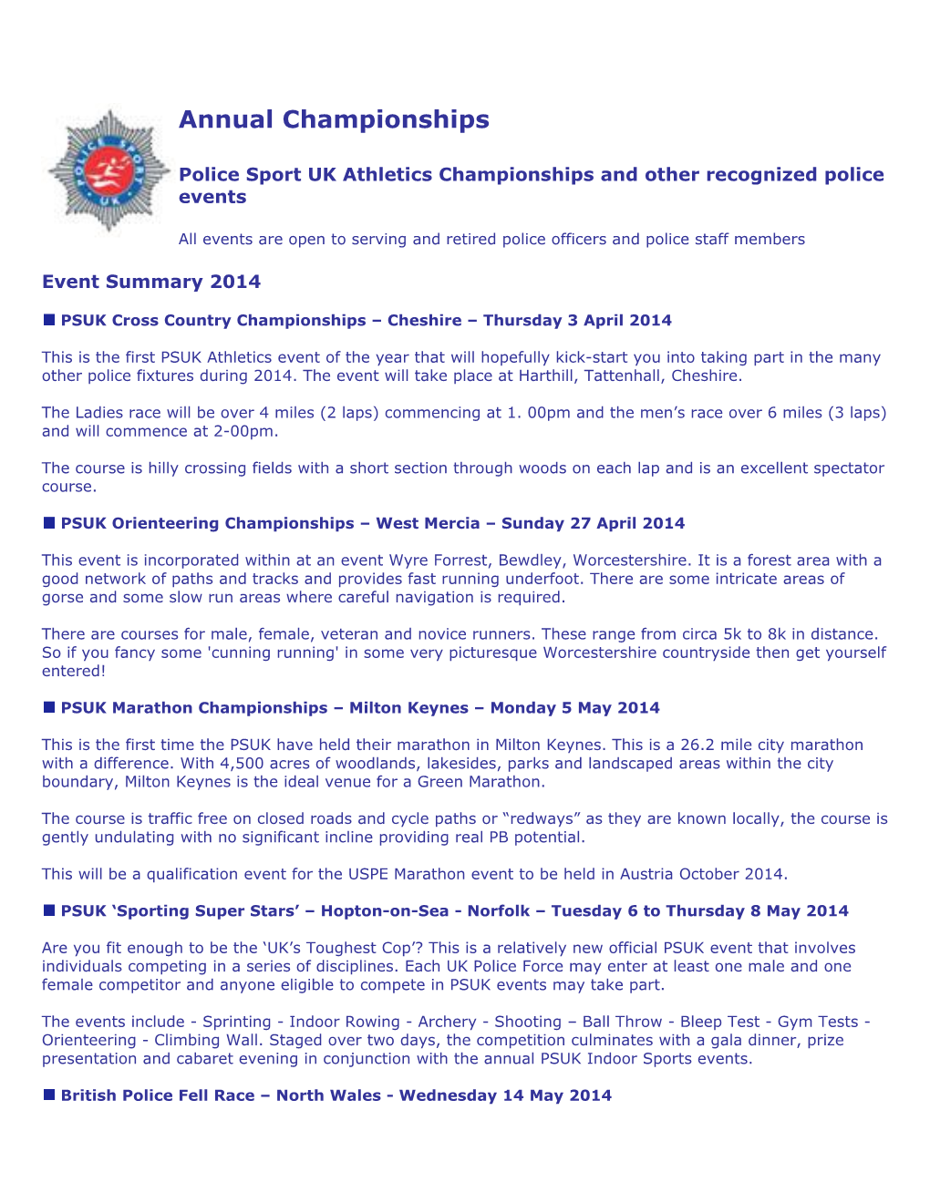 Police Sport UK Athletics Championships and Other Recognized Police Events