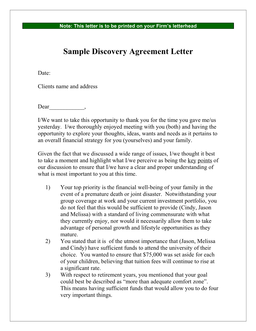 Sample Discovery Agreement Letter