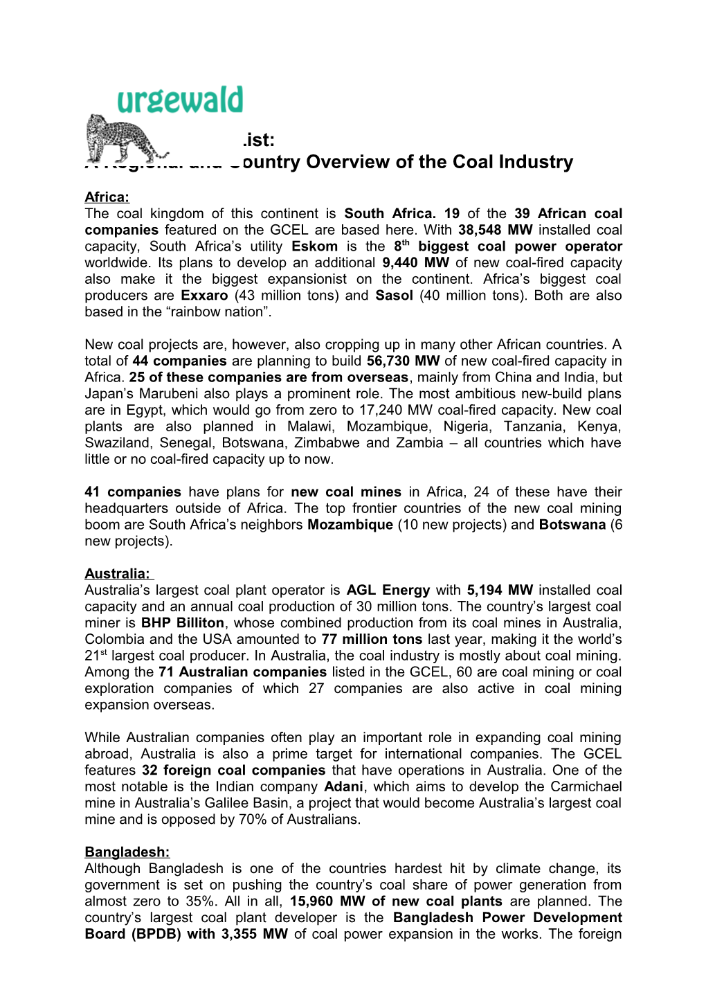 Global Coal Exit List: a Regional and Country Overview of the Coal Industry