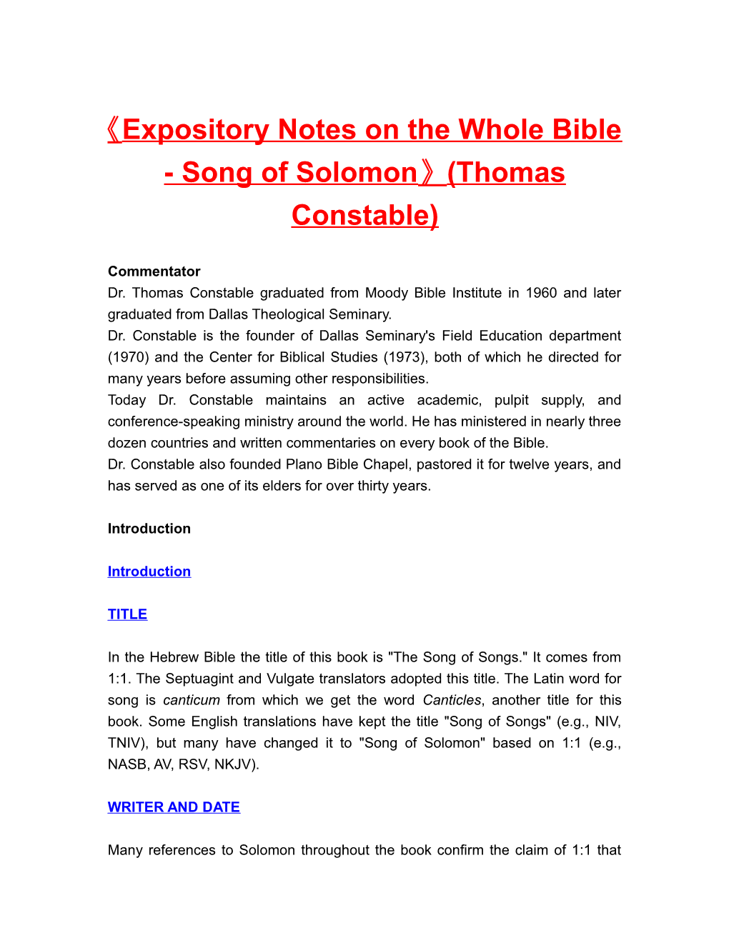 Expository Notes on the Whole Bible - Song of Solomon (Thomas Constable)