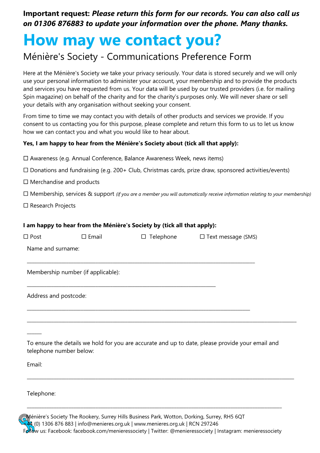 Important Request: Please Return This Form for Our Records. You Can Also Call Us on 01306