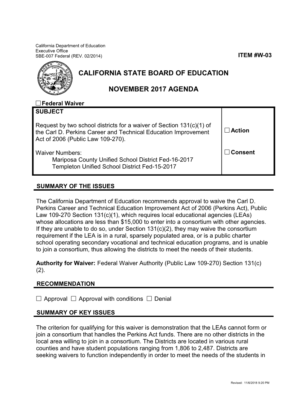 November 2017 Waiver Item W-03 - Meeting Agendas (CA State Board of Education)