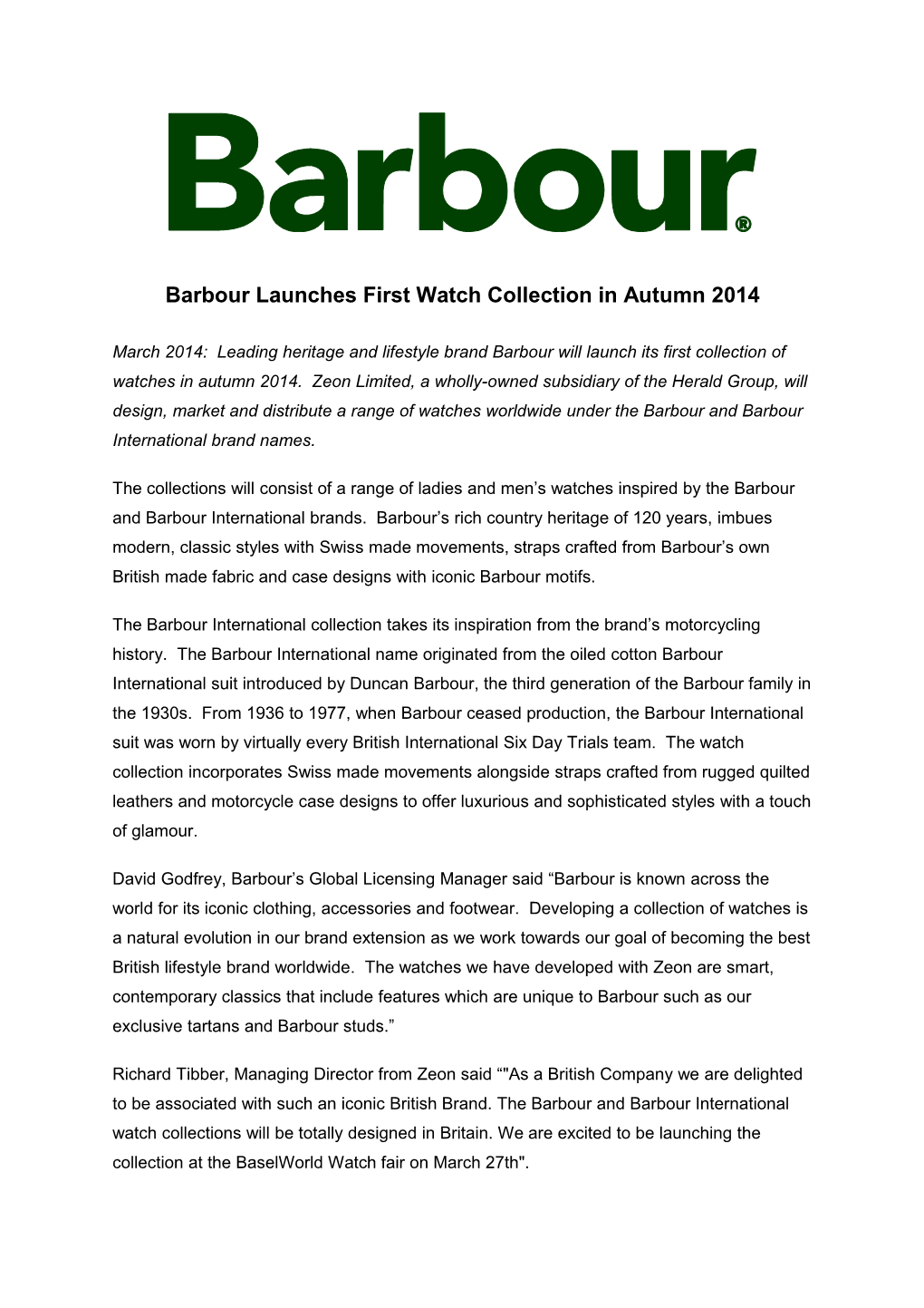 Barbour Launches First Watch Collection in Autumn 2014