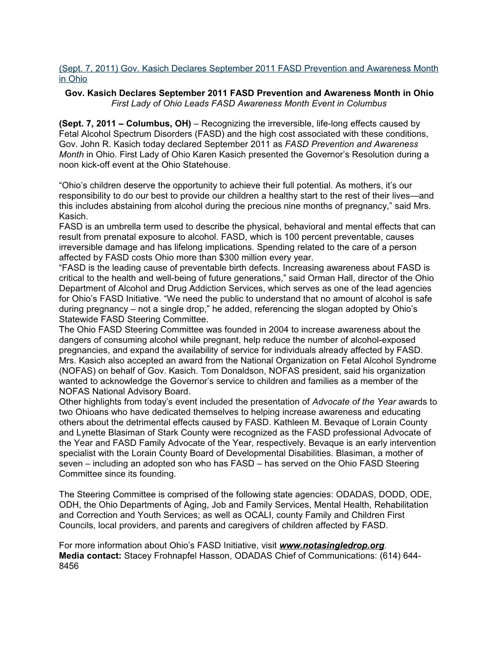 Gov. Kasich Declares September 2011 FASD Prevention and Awareness Month in Ohio