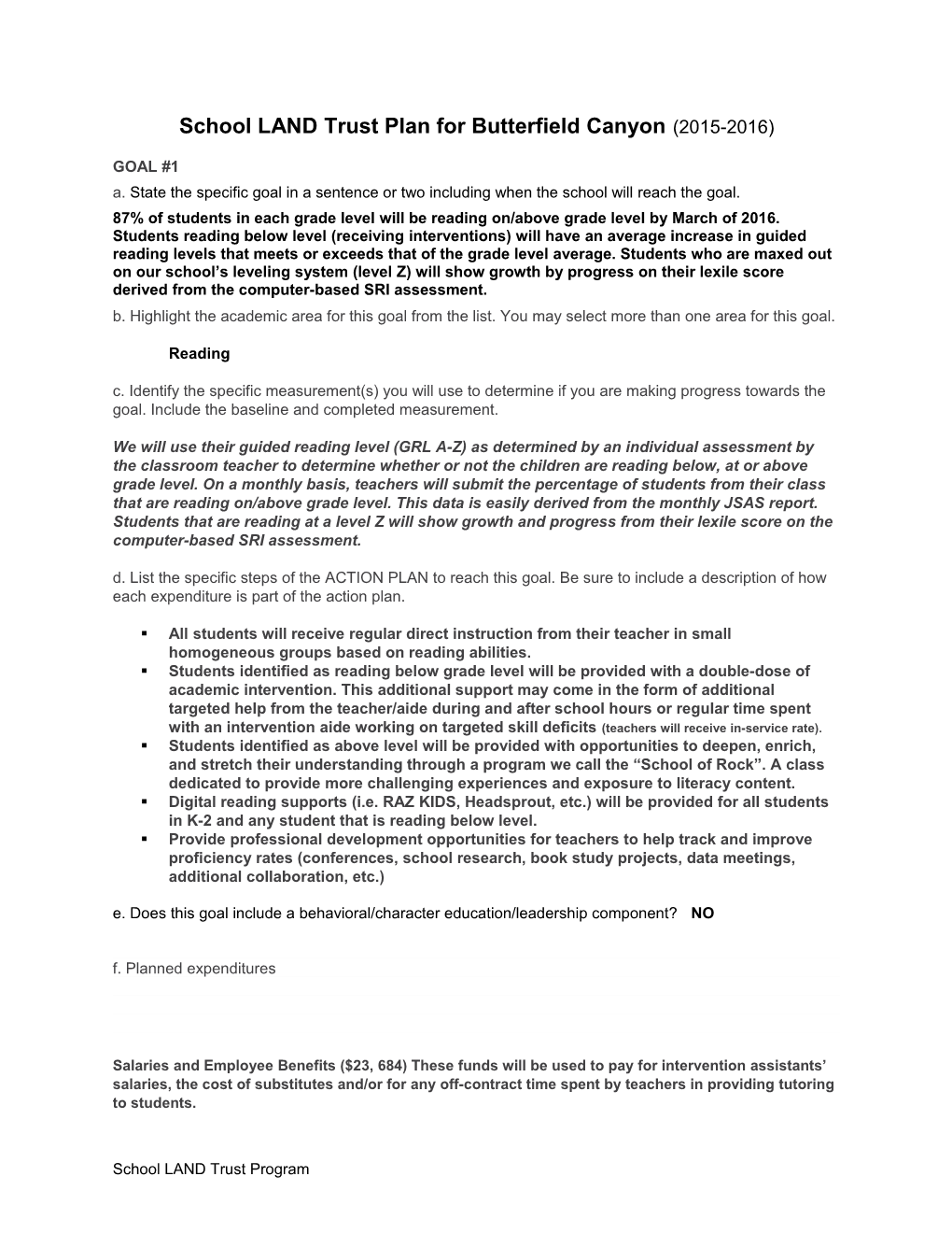 School LAND Trust Plan for Butterfield Canyon (2015-2016)