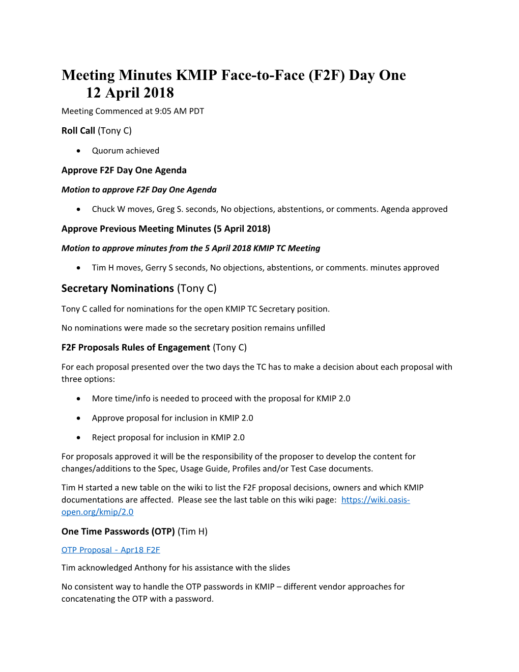 Meeting Minutes KMIP Face-To-Face (F2F) Day One 12April 2018