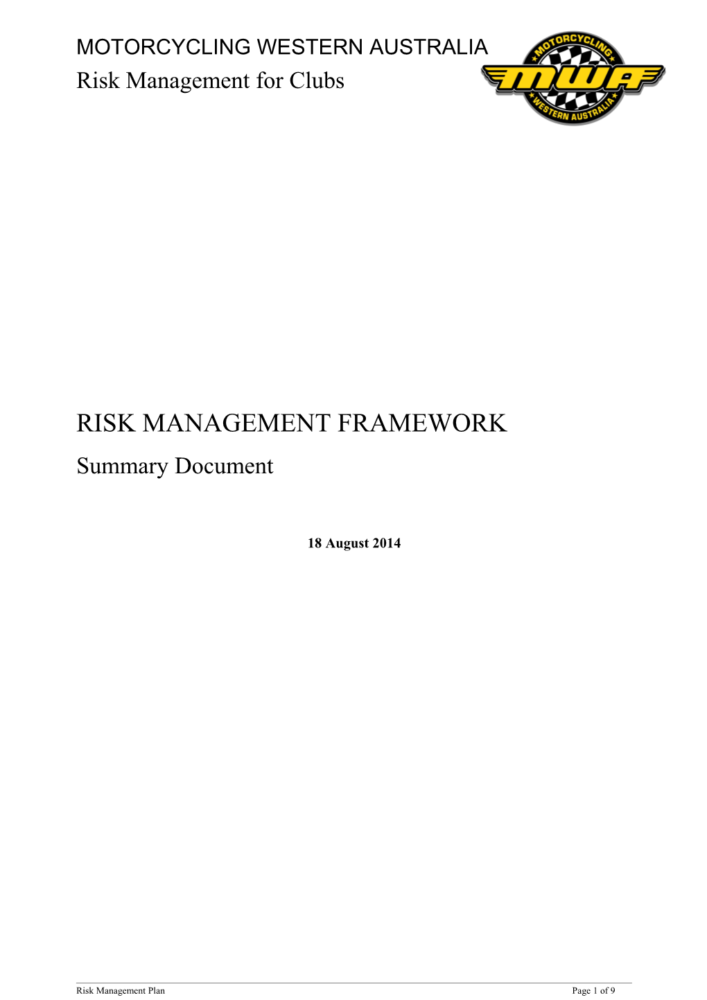 CONTENTS RISK Management PLAN for OUR CLUB