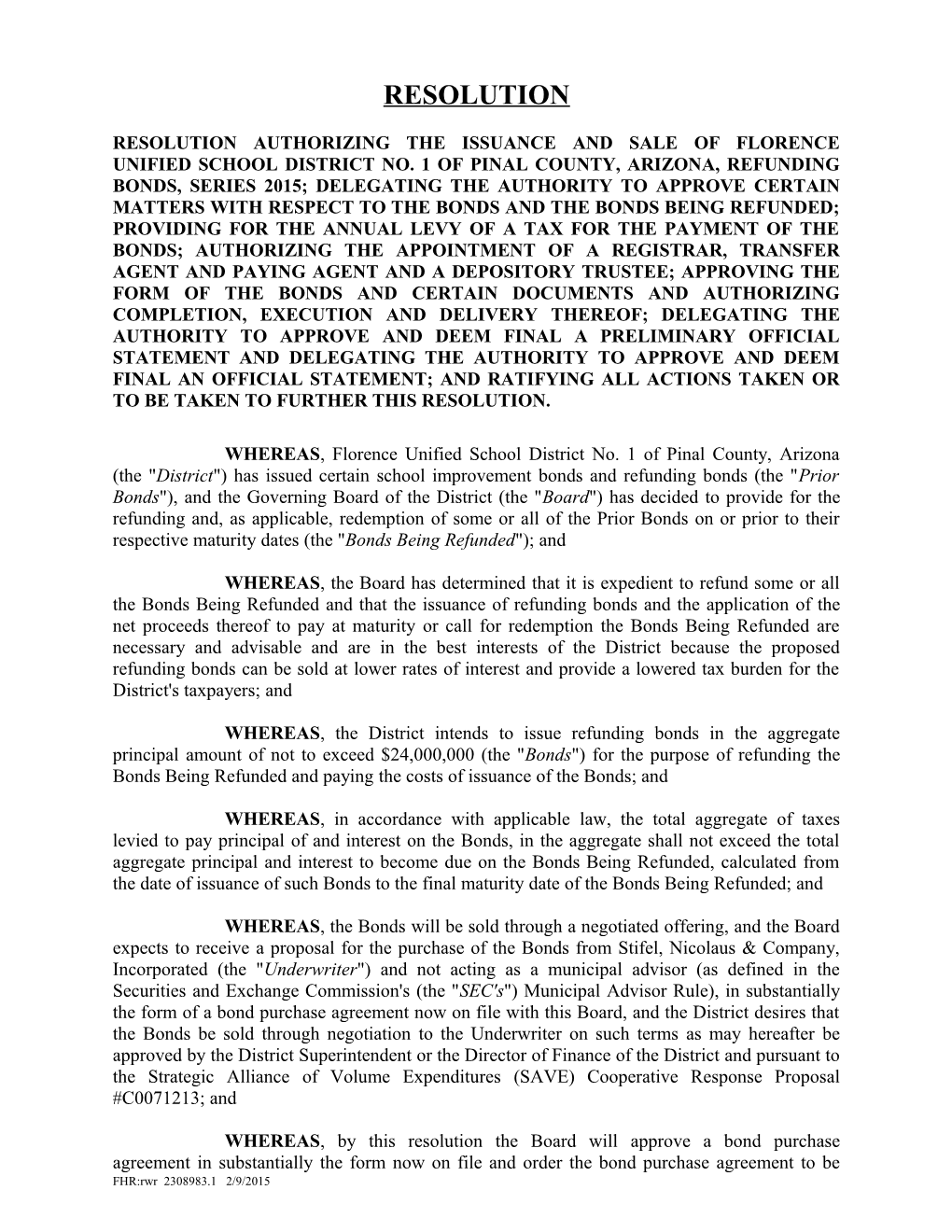 Resolution Authorizing the Issuance and Sale of Florence Unifiedschool District No. 1