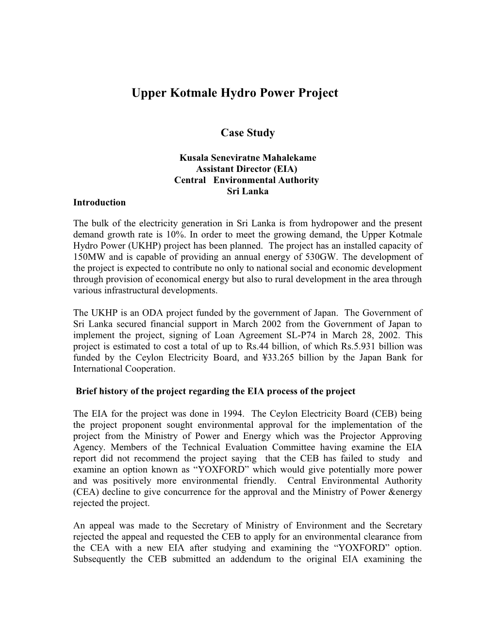 Upper Kotmale Hydro Power Project