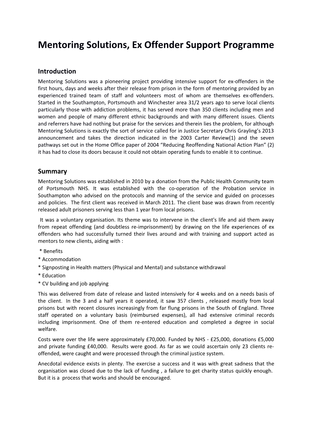 Evaluation of the First Year of Operation of Mentoring Solutions, Ex Offender Support Programme