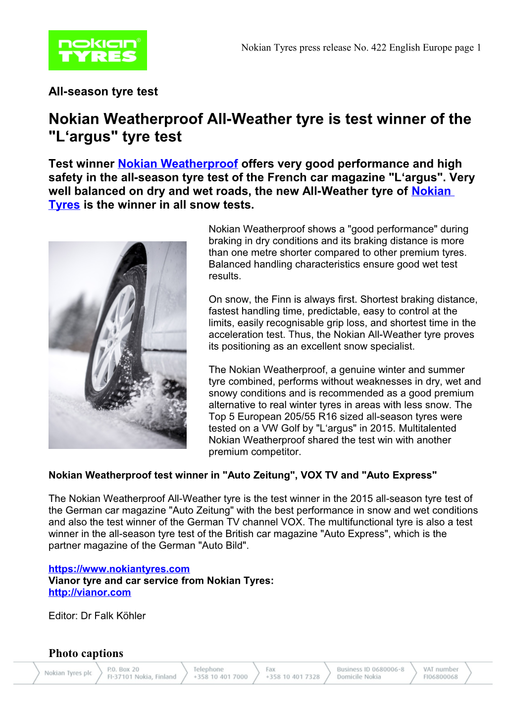 Nokian Tyres Press Release No. 422English Europe Page1
